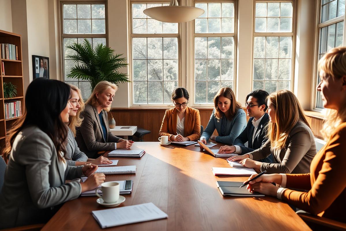 Mentors and students in conversation in a bright seminar room
