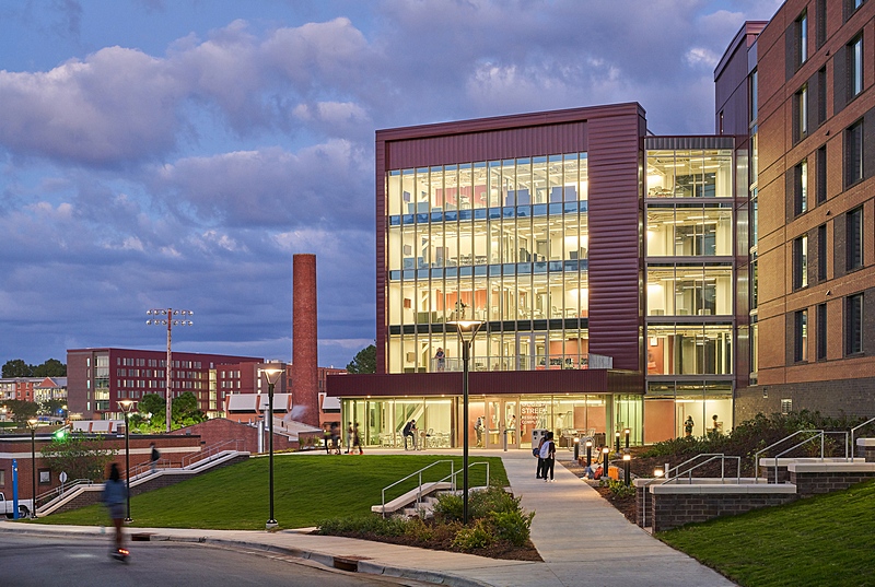 North Carolina Central University residence hall illuminated at dusk