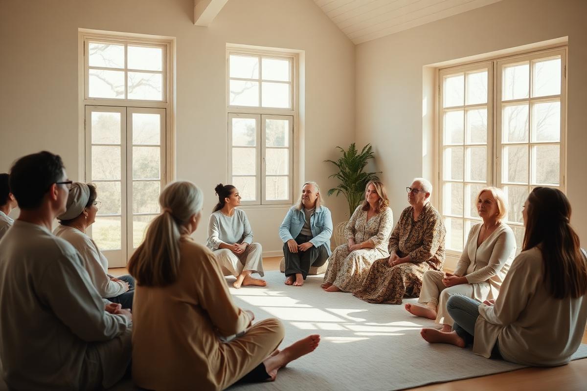 A small group seated in a circle in a bright, calm retreat room